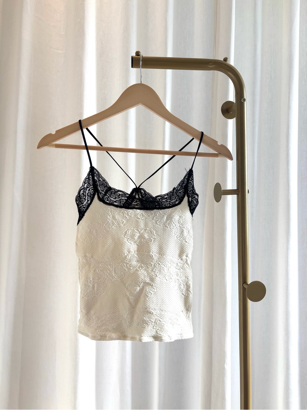 Free People White Lace Tank Top with Black Trim Size M/L